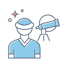 Astronomy Icon Representing a Person with a Telescope and Celestial Objects