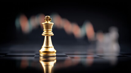 The golden king chess piece is prominent against a backdrop of blurred pawns and a financial chart, representing strategic market leadership and investment expertise in a competitive business