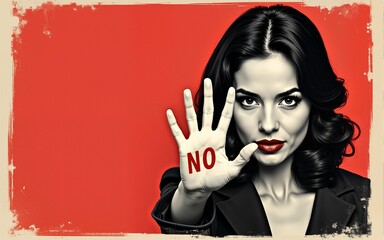 Retro collage style poster. A woman shows sign NO with a palm. STOP gesture, domestic violence, rights for abortion, discrimination. Red and black contrast graphics with copy space. High quality