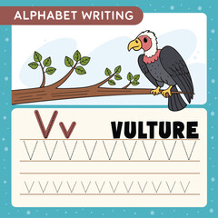 Cartoon Vulture on Branch with Alphabet Writing Practice Sheet