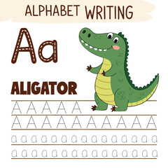Alphabet Writing with Alligator: Educational Illustration for Kids Learning Letter A