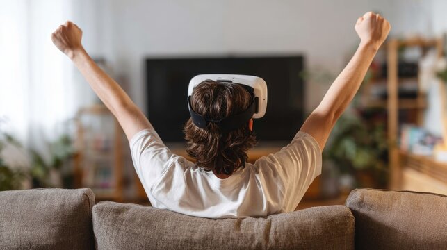 VR Victory Pose: A person wearing a VR headset celebrates a virtual victory, arms raised in triumph, while sitting on a sofa in a living room.  