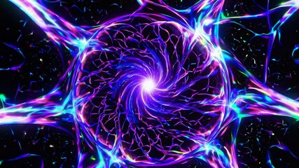 Abstract neon fractal spiral glowing with vibrant purple and blue electric energy, futuristic digital artwork representing AI, cyberspace, neural networks, and quantum physics - Powered by Adobe