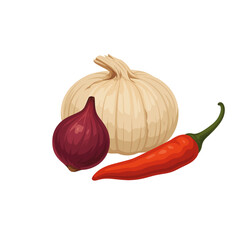 vector shallots, garlic and chili with isolated white background