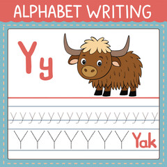 Alphabet Writing Practice Worksheet Featuring a Cute Cartoon Yak Illustrating the Letter Y