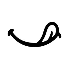 Minimal cartoon mouth with tongue out and curved smile, black outline icon representing fun, playfulness, cheekiness, or delicious taste.

