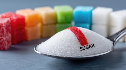 Reduce sugar level with stop addiction and habit concept. Close-up of sugar in a spoon with colorful sugar cubes in background.