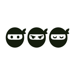 Three round ninja icons with different facial expressions in a simple black silhouette style, representing stealth, emotion, and action.

