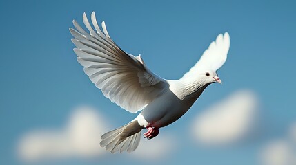 Graceful white dove soaring against blue sky with spread wings, capturing moment of peaceful flight and natural freedom in bright daylight.