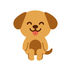 Fototapeta premium Cute cartoon brown dog sitting happily with tongue out and eyes closed, flat design perfect for pet, animal, or kids themes.