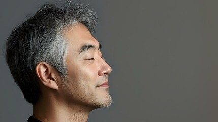 Fototapeta premium Serene profile portrait of mature Asian man with gray hair and closed eyes against neutral background, expressing peace and mindfulness in minimalist style.
