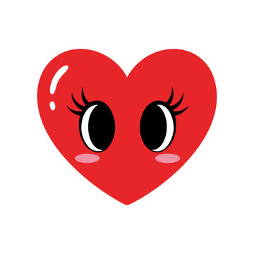 Cute red heart with big cartoon eyes, eyelashes, and blush cheeks, flat kawaii style symbolizing love, affection, and emotions.

