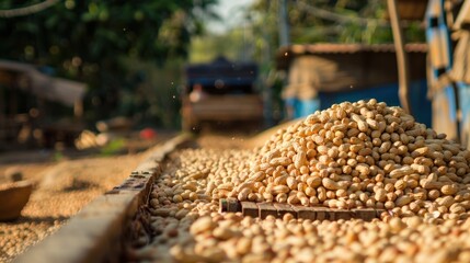 Obraz premium Rural peanut harvest sun-drying on tracks