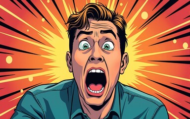 Pop art comic book style man in a panic with terrified eyes and face staring at something shocking or dreadful vector illustration. High quality