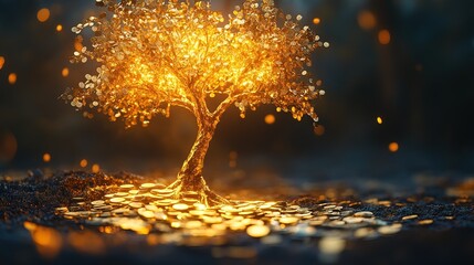 Naklejka premium A golden tree made of glowing coins, symbolizing financial growth and savings 