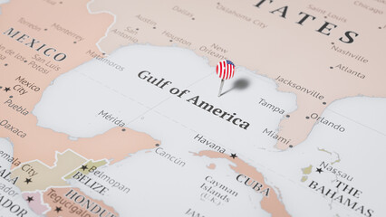 A Map of the Gulf of America, with a Pin Featuring the United States Flag