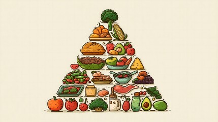 Illustrated food pyramid with fruits vegetables grains and protein on a light beige background