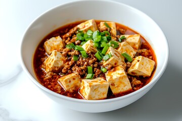 Fototapeta premium Spicy mapo tofu with minced meat and green onions in white bowl, traditional Chinese Sichuan dish with silky soft tofu cubes in aromatic chili sauce.