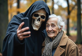 Fototapeta premium Grim reaper taking a selfie with a happy old person