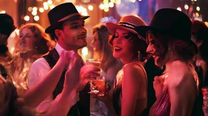 1920s costume party with flapper dresses, fedoras and cocktails in vibrant vintage celebration atmosphere