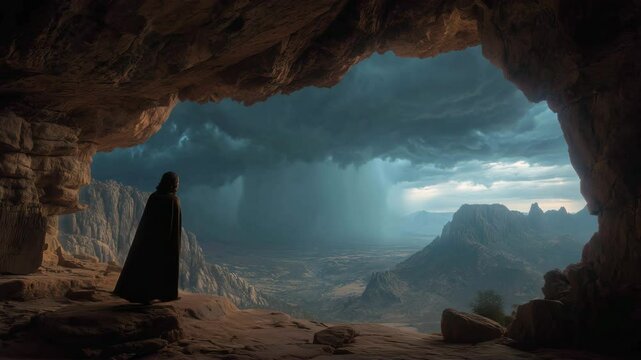 Elijah seeks refuge in a rugged cave, surrounded by ominous storm clouds. The scene evokes a sense of solitude and contemplation, reminiscent of biblical trials (1 Kings 19).