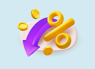 Low price vector 3d icon. Arrow with percent and flying coins. Cartoon discount offer illustration