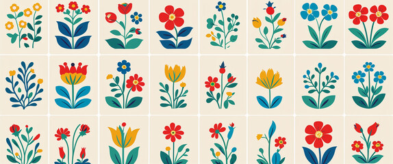 Colorful stylized floral illustrations displayed in a grid arrangement on a cream background