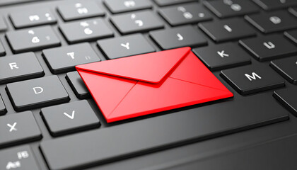 A red envelope icon, symbolizing email and digital communication, rests on a sleek black laptop keyboard.