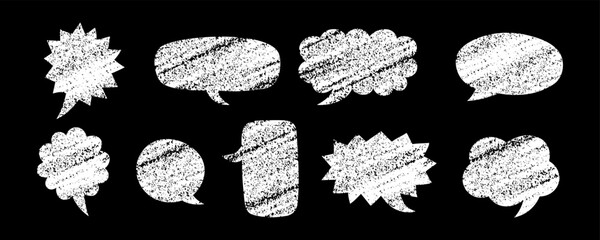 Chalk speech bubble set on blackboard. Vector hand drawn text box collection, crayon textured talk balloons. Childish design elements