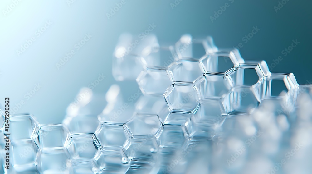 Poster crystalline hexagonal molecular structure in soft blue tones with selective focus and depth of field