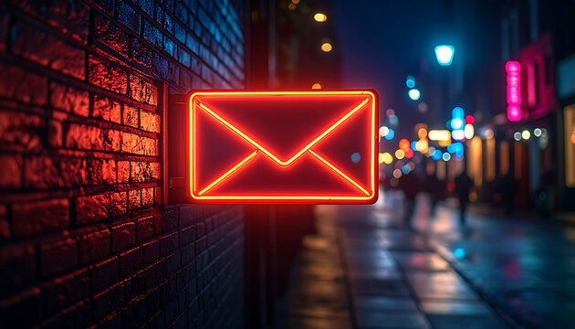 A vibrant red neon email icon glows on a brick wall, illuminating a blurry, wet city street at night.
