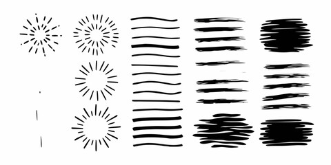 Collection of Hand Drawn Brush Strokes and Sunbursts in Black Ink on a White Background