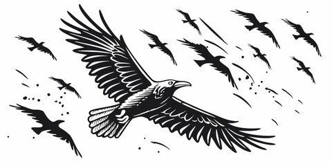 Monochrome Illustration of a Raven Leading a Flock of Birds in Flight Across a White Background