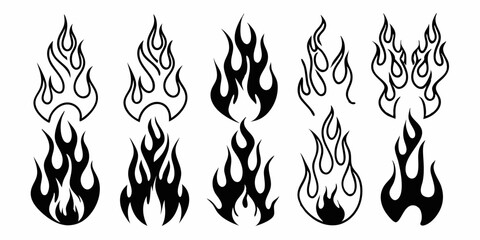 Collection of Black and White Flame Designs for Tattoos Stickers or Graphic Elements with Various Styles and Shapes on White Background