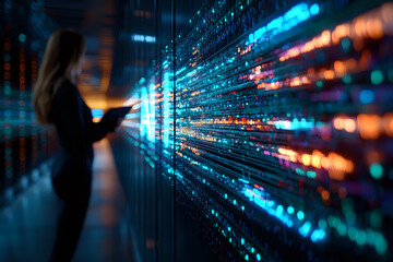 Woman silhouette interacting with glowing digital data visualization wall displaying blue and orange light streams in dark server room environment.