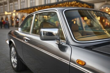 Classic vintage car parked on city street with festive lights in background