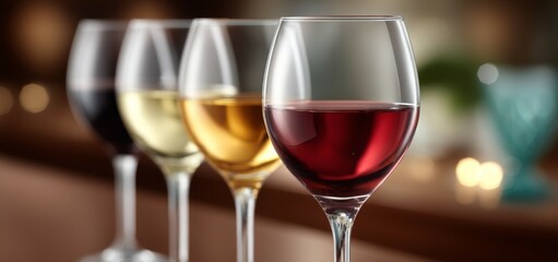 Naklejka premium Variety of wine glasses: red, white, rose in elegant dining setting