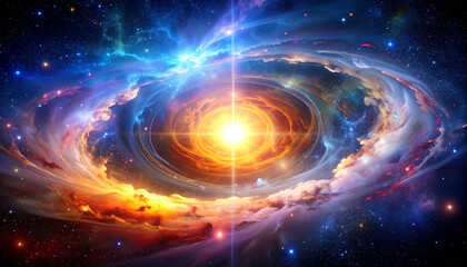 Obraz premium Colorful cosmic swirl around a bright star.