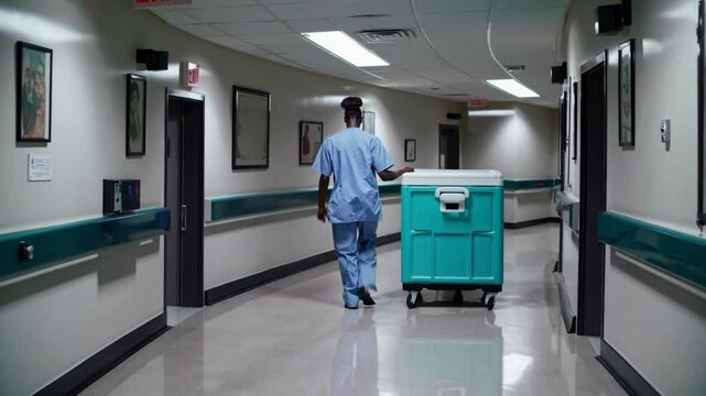 Hospital janitor in uniform pushing cleaning cart through empty hallway, representing healthcare sanitation, medical maintenance, hospital staff roles, and facility cleanliness