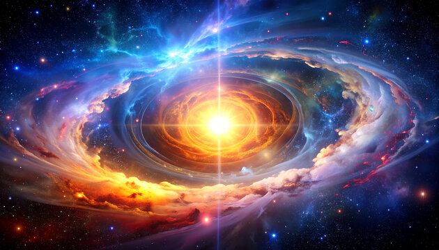 Colorful cosmic swirl around a bright star.