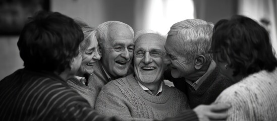Elderly friends gather around a central figure, sharing laughter and camaraderie