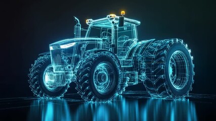 Futuristic tractor hologram: Advanced agricultural technology innovation on a sleek dark background