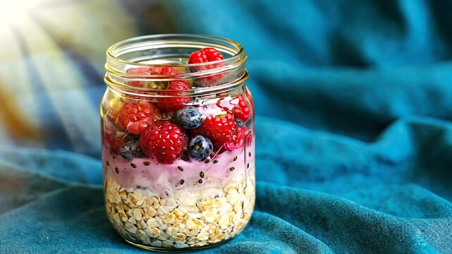 Colorful parfait in a glass jar with berries and oats on a textured teal fabric background
