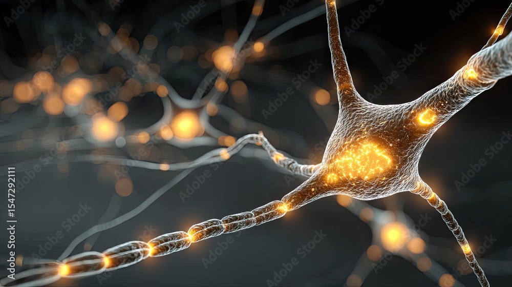 Poster Dopamine regulation and pathway disruption concept. Close-up of a neuron with glowing synapses and intricate details.