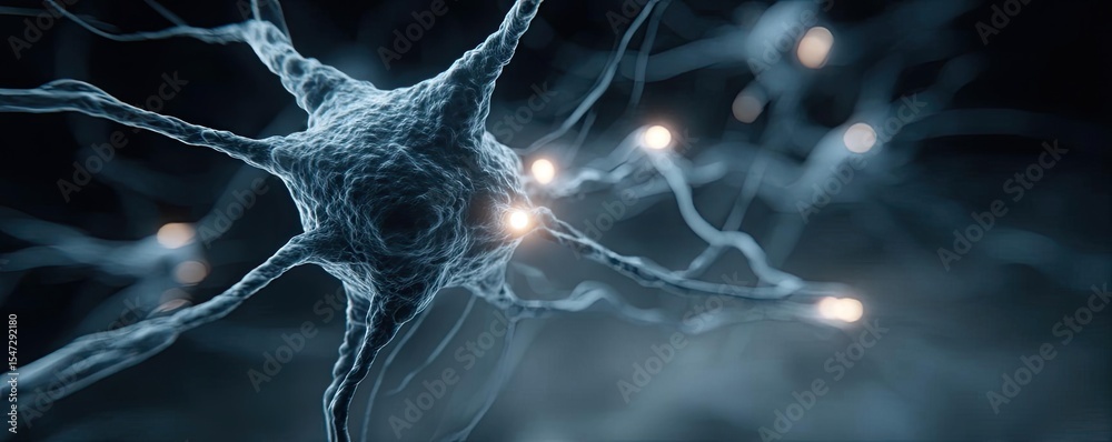 Poster Neurotransmitter imbalance affects dopamine pathway concept. Detailed view of a neuron, showcasing its complex structure and connections.