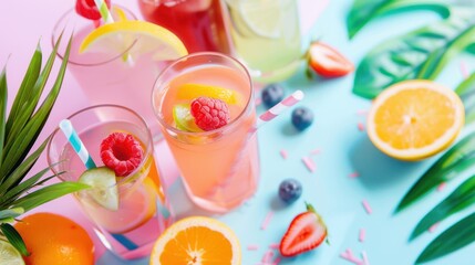 Colorful refreshing fruit drinks in glasses, garnished with fresh fruit and straws