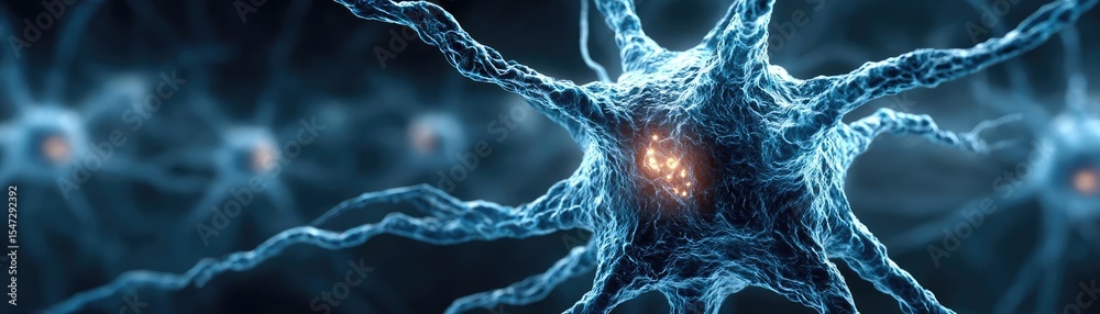 Poster Dopamine regulation and pathway disruption concept. Close-up of a neuron depicting intricate neural connections.