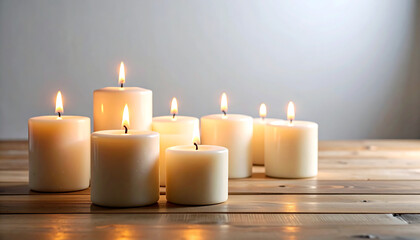 Group of white candles burning on a wooden table with a soft, light background.