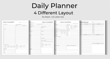 Daily Planner & Logbook Tracker Bundle Set. 4 Different Layouts, Interior, Organizer, Journal, Printable Vector Illustration.