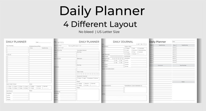 Daily Planner & Logbook Tracker Bundle Set. 4 Different Layouts, Interior, Organizer, Journal, Printable Vector Illustration.